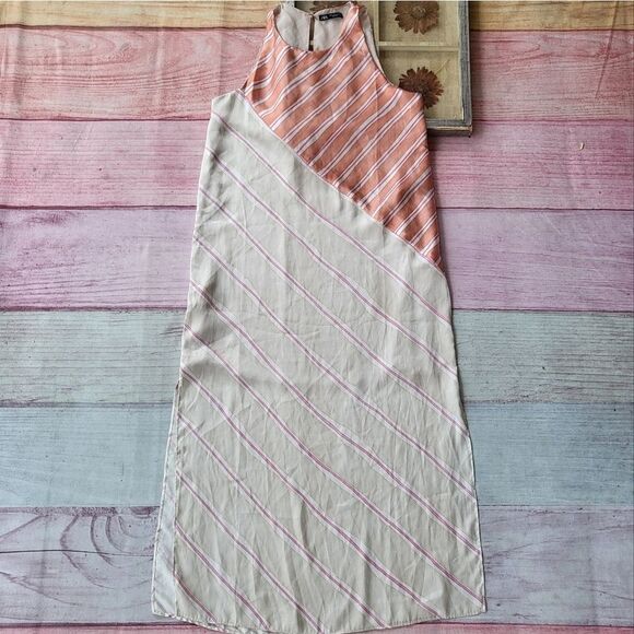 Zara Mixed Print Striped Satin Sleeveless Straight Shift Midi Slip Dress‎ M - Picture 4 of 8
